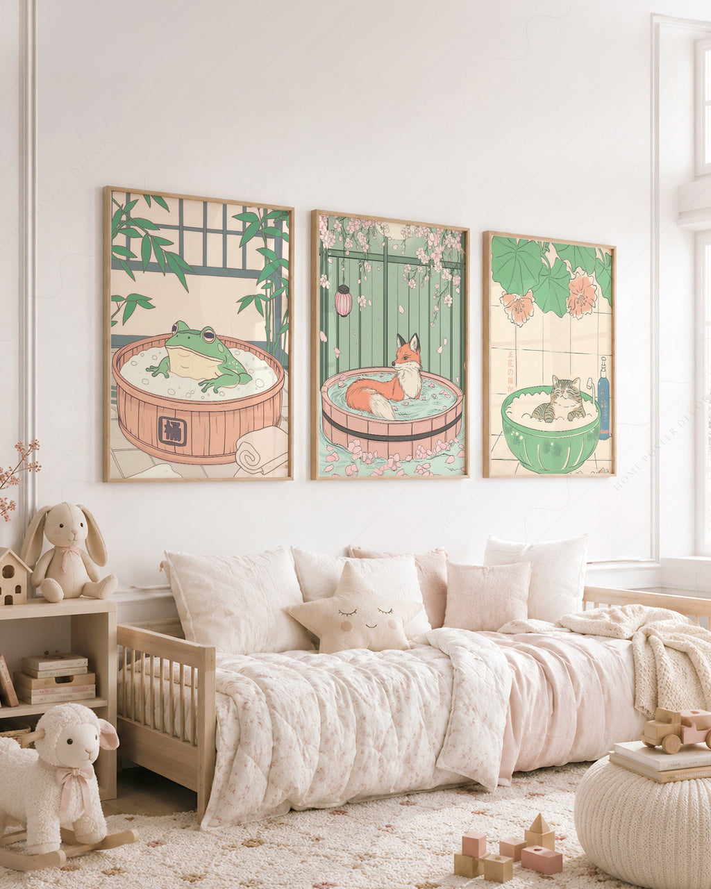 Ensemble d'impressions Animaux au spa japonais – Décor mural chat renard grenouille pour chambre d'enfant