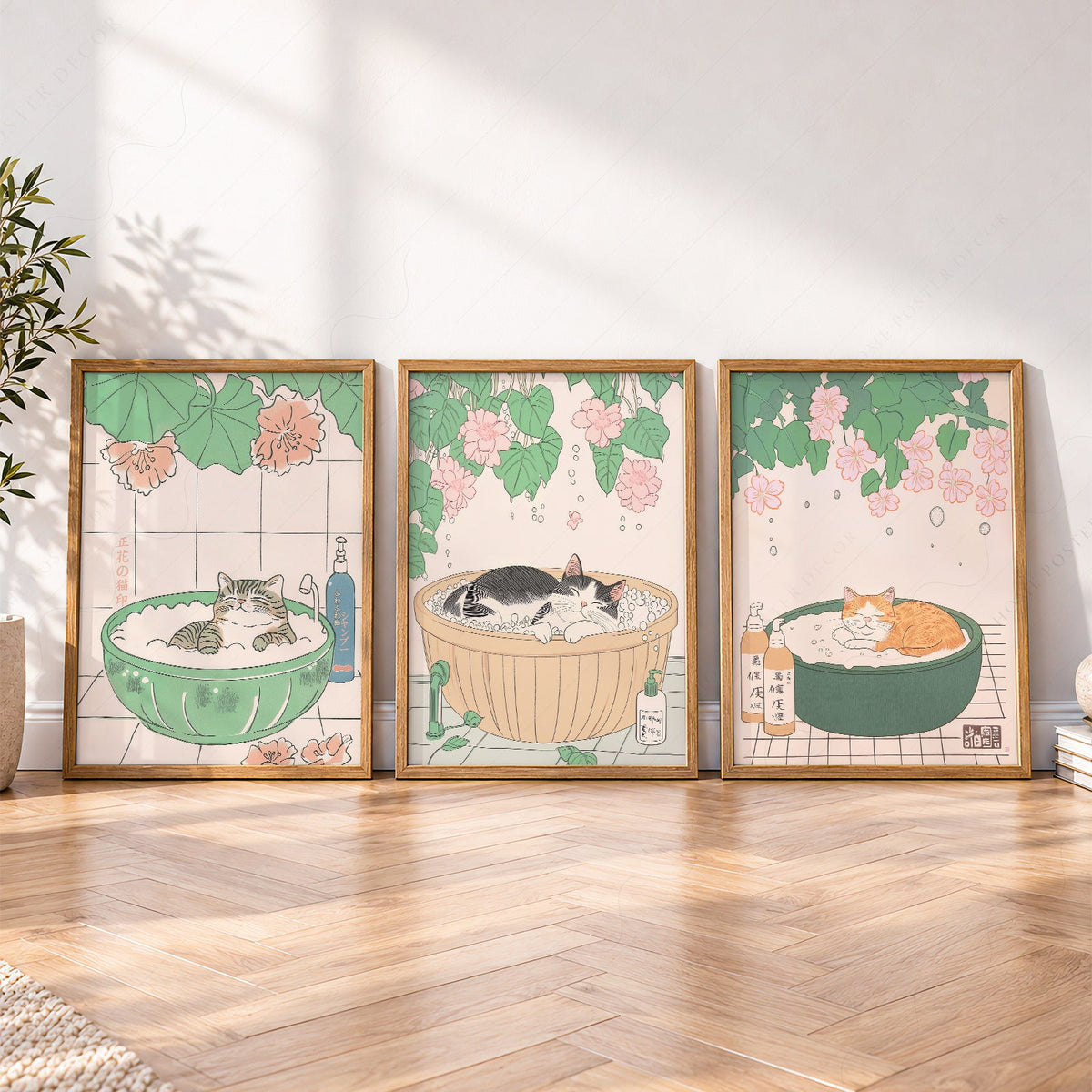 Japanese Cat Spa Print Set of 3 – Japandi Bathroom Wall Art Posters