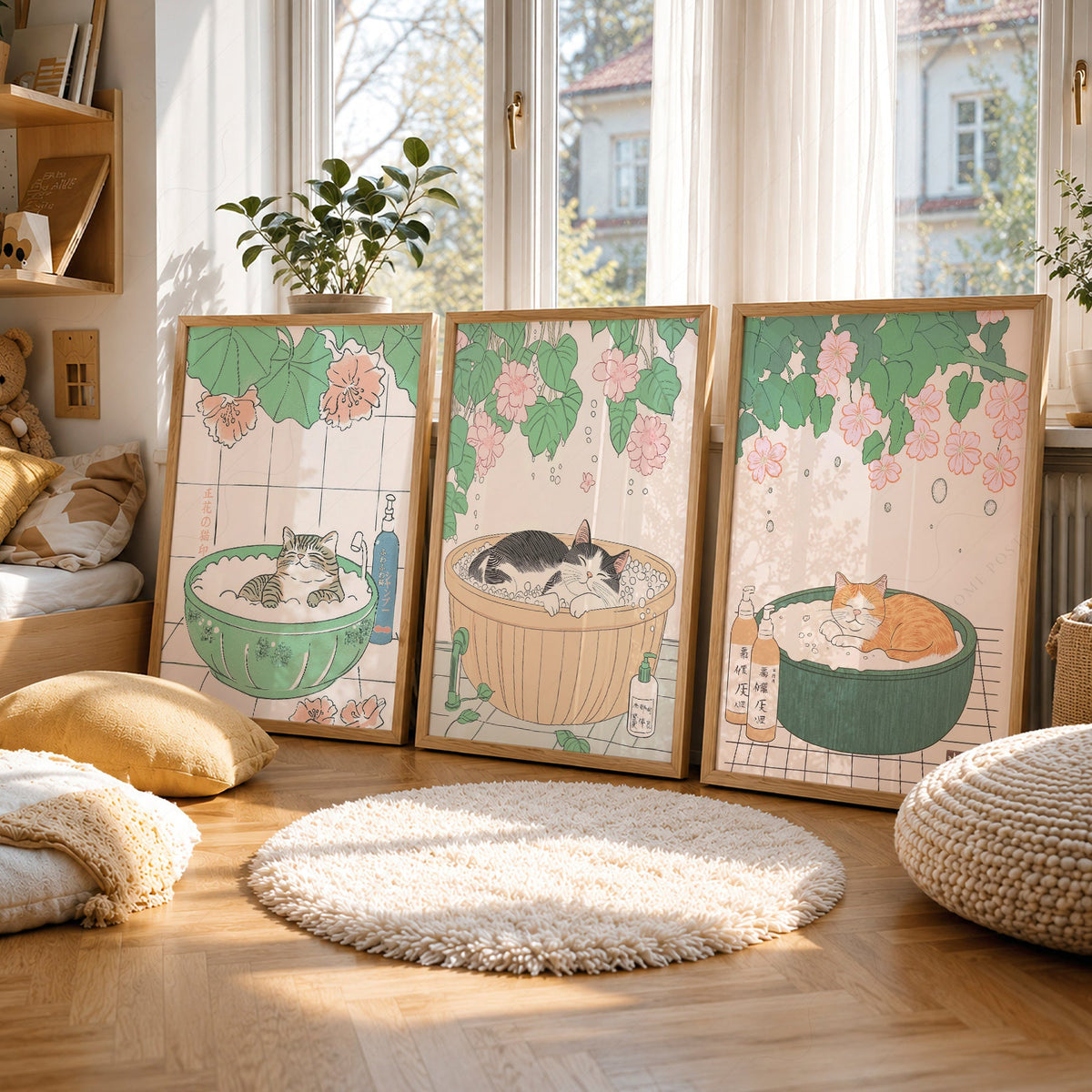 Japanese Cat Spa Print Set of 3 – Japandi Bathroom Wall Art Posters