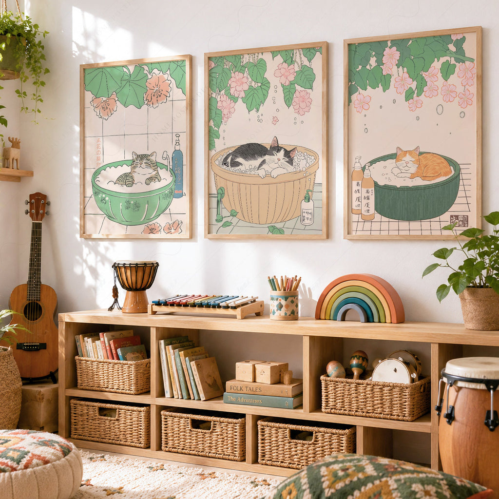 Japanese Cat Spa Print Set of 3 – Japandi Bathroom Wall Art Posters