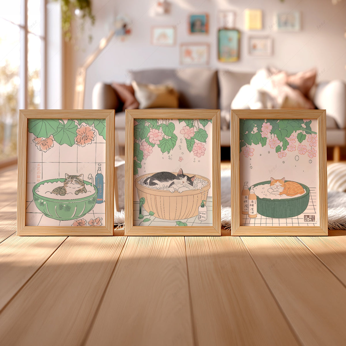 Japanese Cat Spa Print Set of 3 – Japandi Bathroom Wall Art Posters