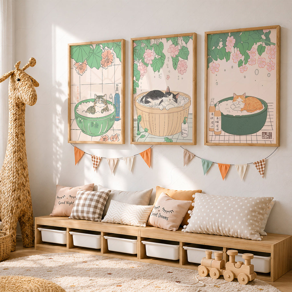 Japanese Cat Spa Print Set of 3 – Japandi Bathroom Wall Art Posters