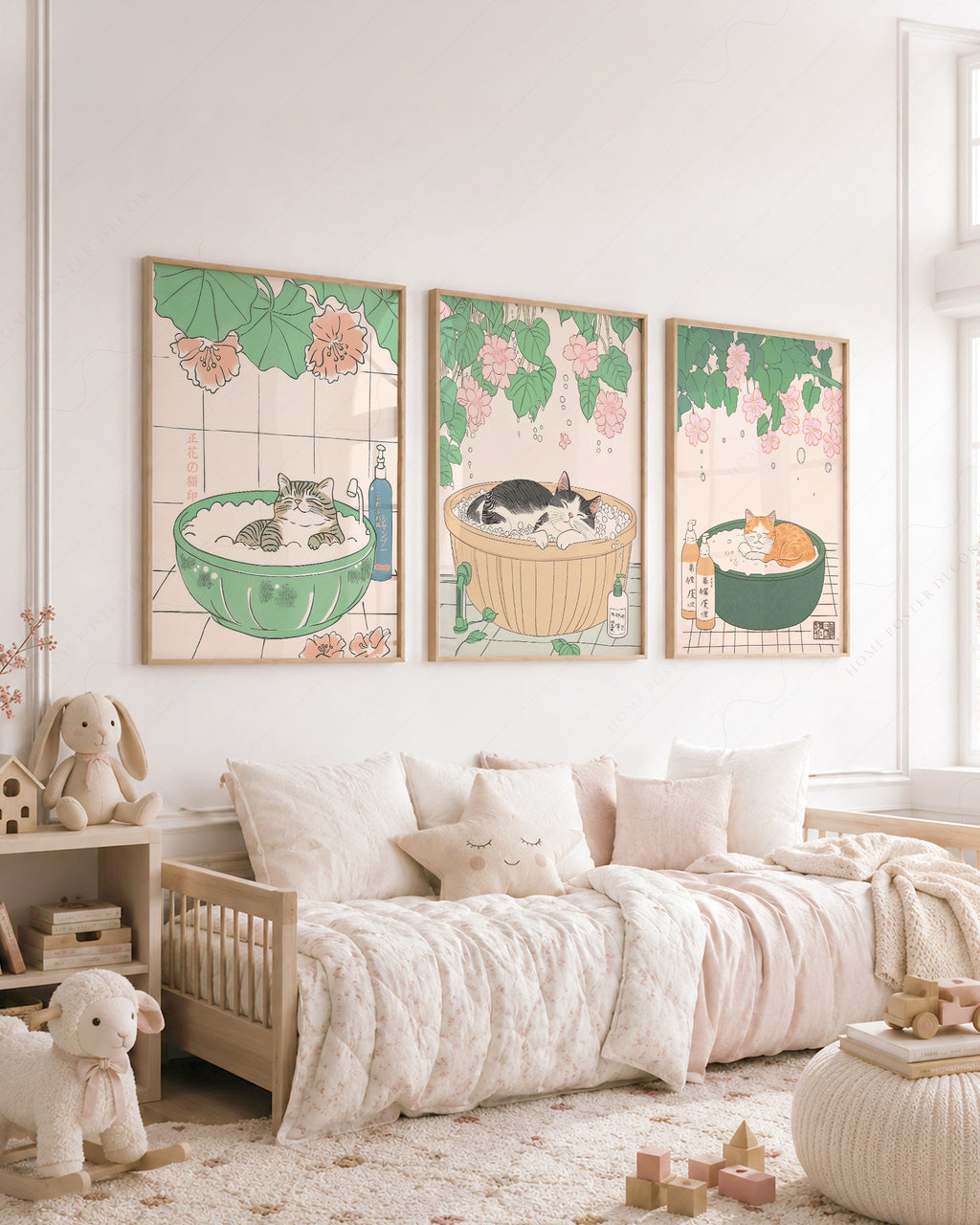 Japanese Cat Spa Print Set of 3 – Japandi Bathroom Wall Art Posters