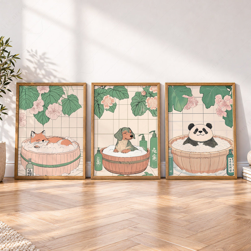 Japanese Bath Animals Art Print Set – Fox Panda Dog Nursery Wall Decor