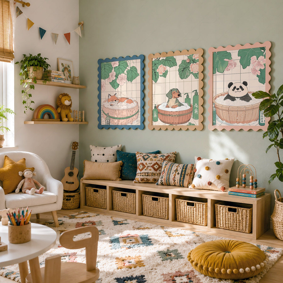 Japanese Bath Animals Art Print Set – Fox Panda Dog Nursery Wall Decor