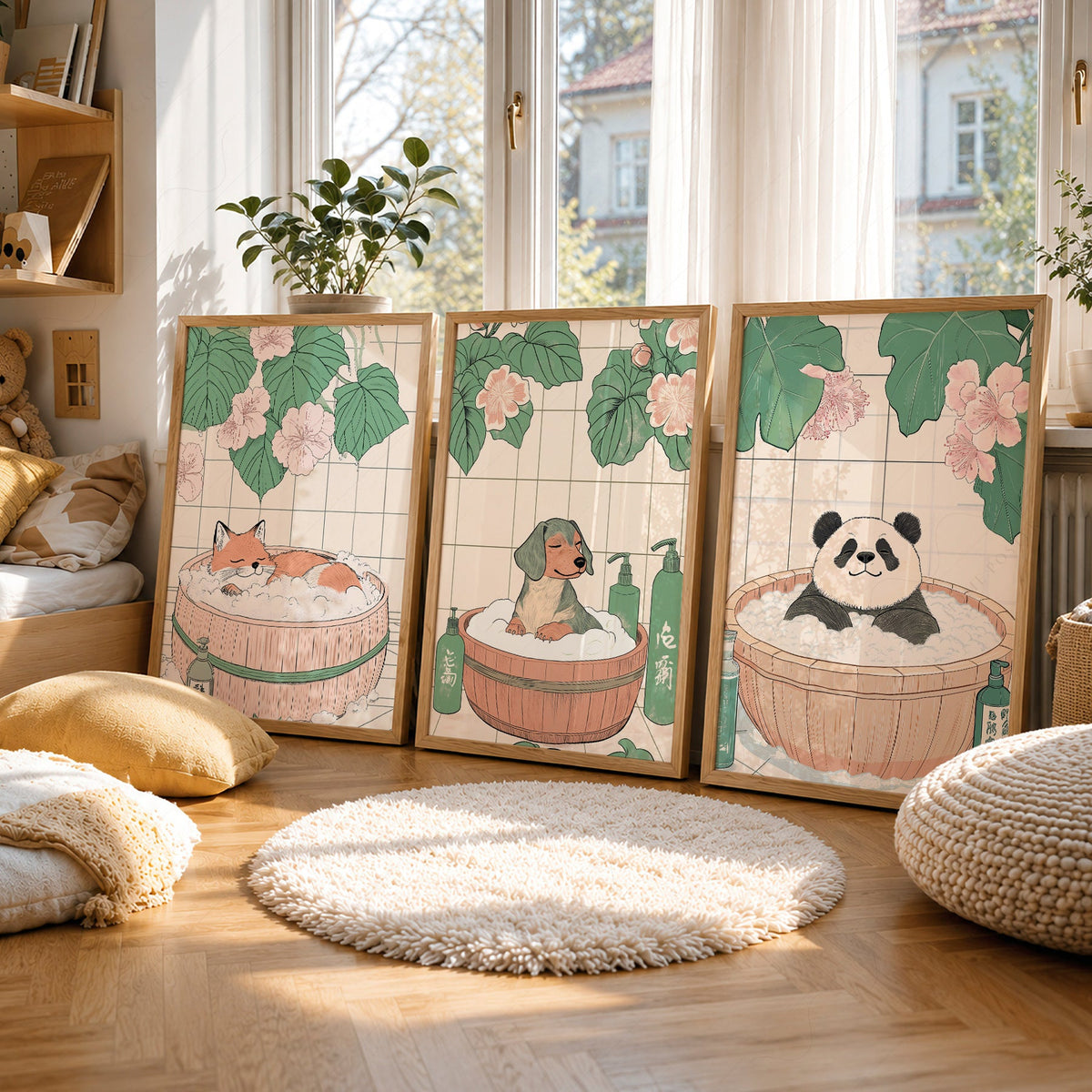 Japanese Bath Animals Art Print Set – Fox Panda Dog Nursery Wall Decor