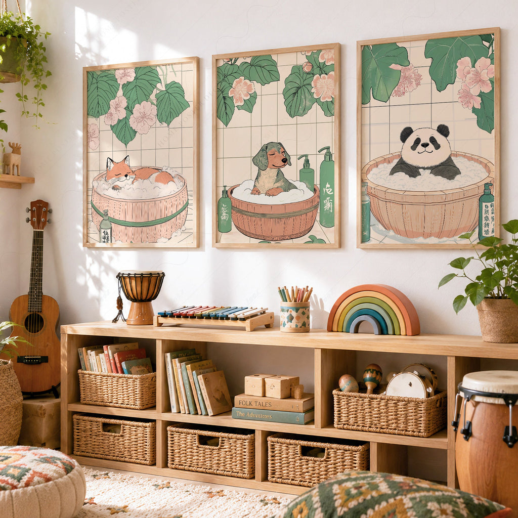 Japanese Bath Animals Art Print Set – Fox Panda Dog Nursery Wall Decor