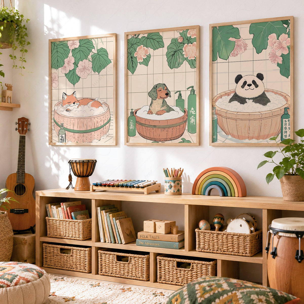 Japanese Bath Animals Art Print Set – Fox Panda Dog Nursery Wall Decor