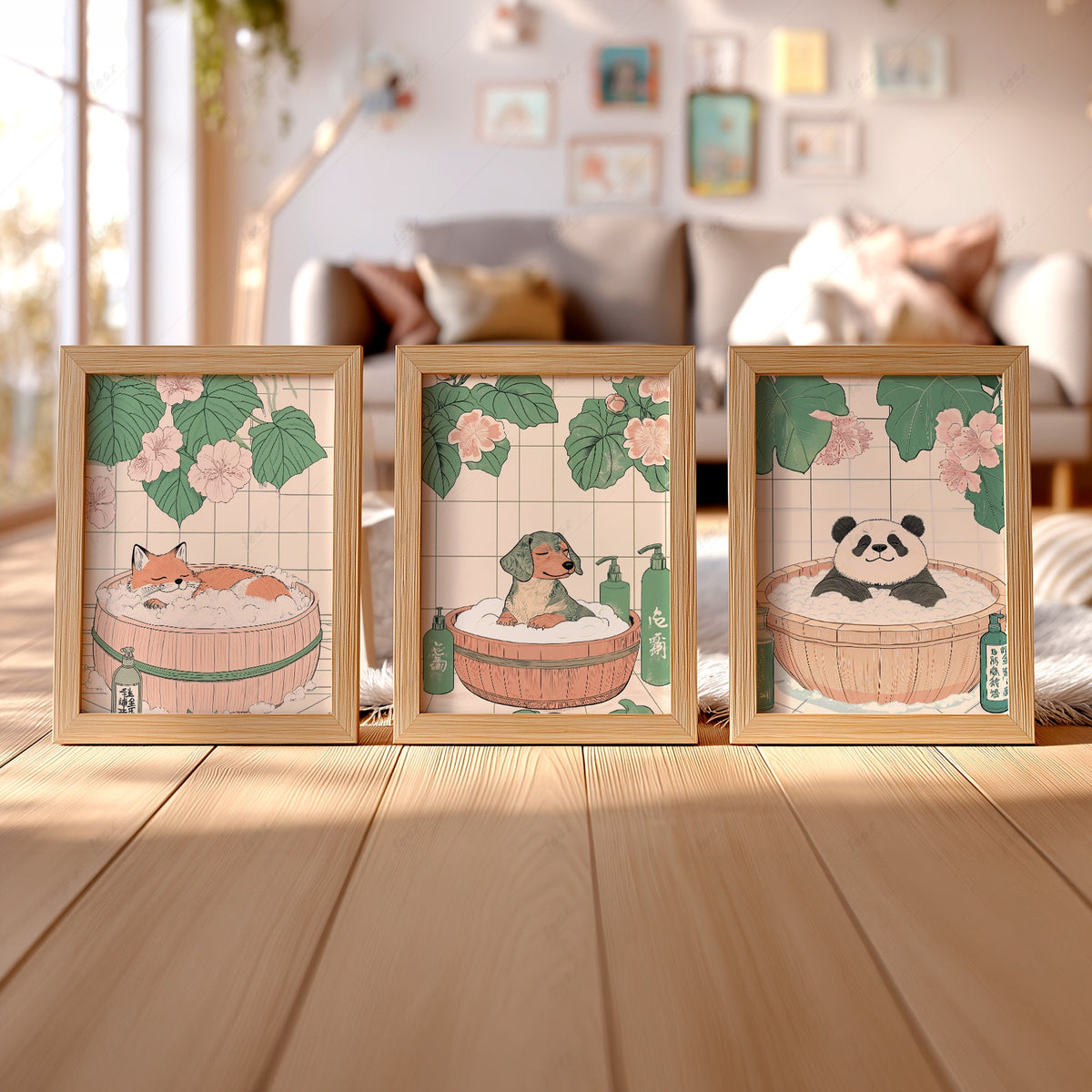 Japanese Bath Animals Art Print Set – Fox Panda Dog Nursery Wall Decor