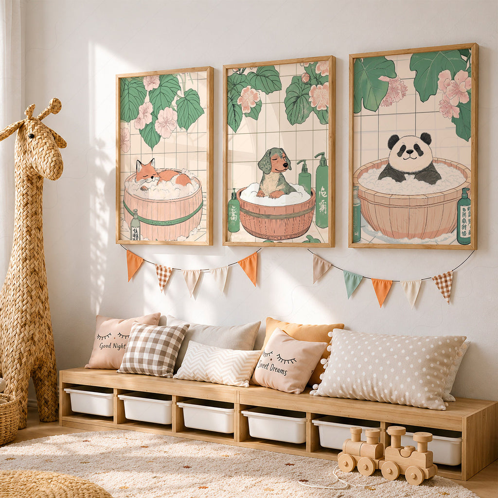 Japanese Bath Animals Art Print Set – Fox Panda Dog Nursery Wall Decor
