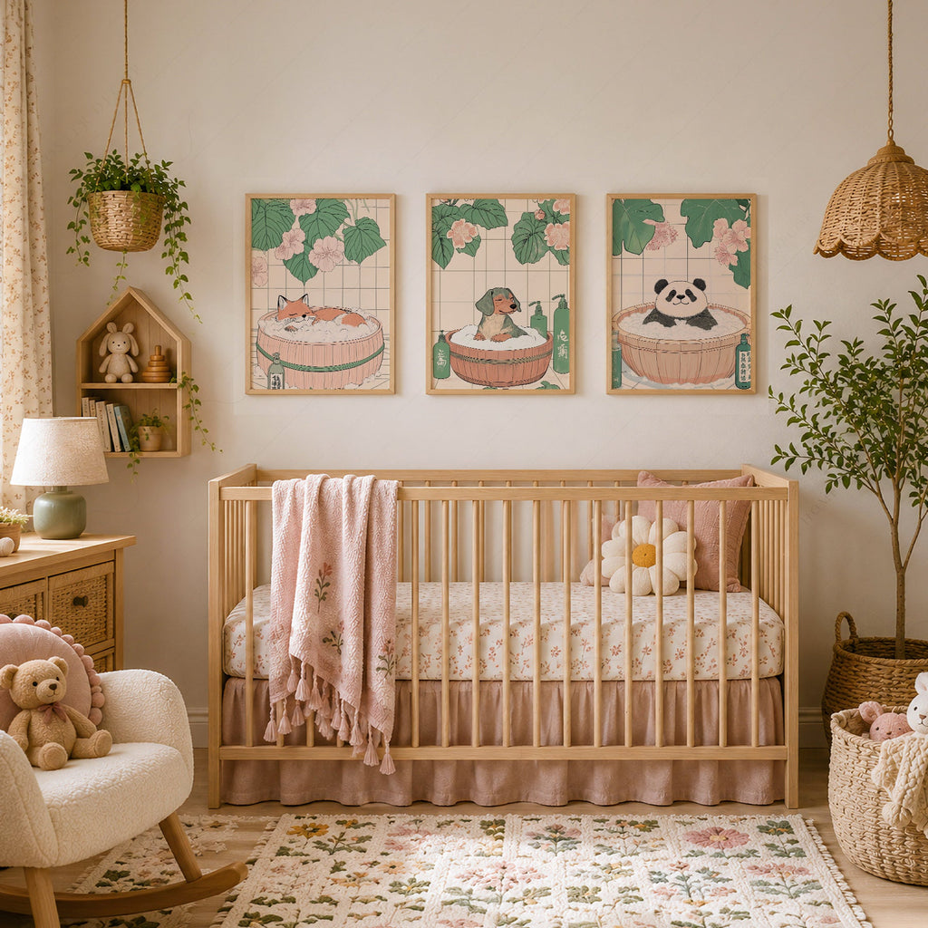 Japanese Bath Animals Art Print Set – Fox Panda Dog Nursery Wall Decor