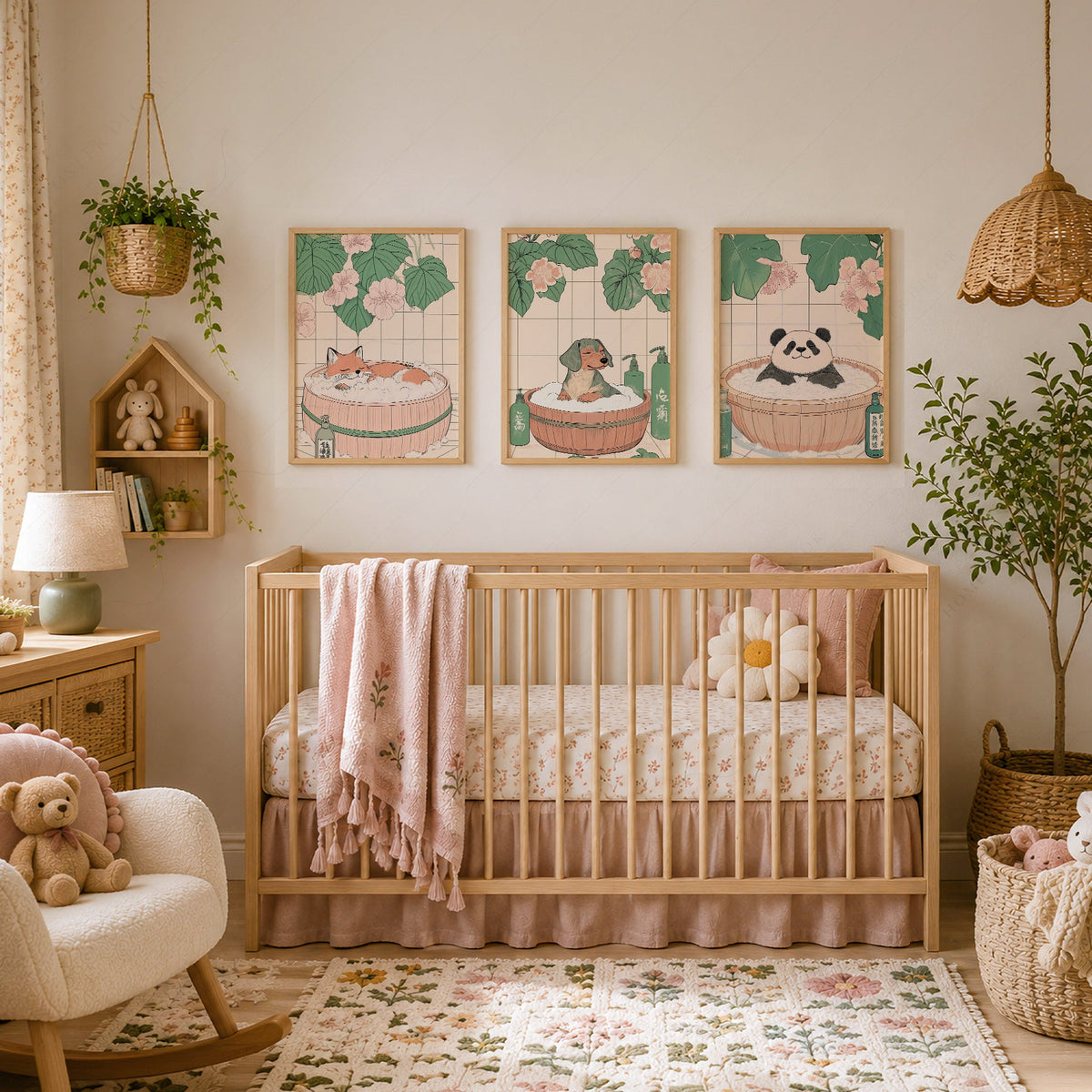 Japanese Bath Animals Art Print Set – Fox Panda Dog Nursery Wall Decor