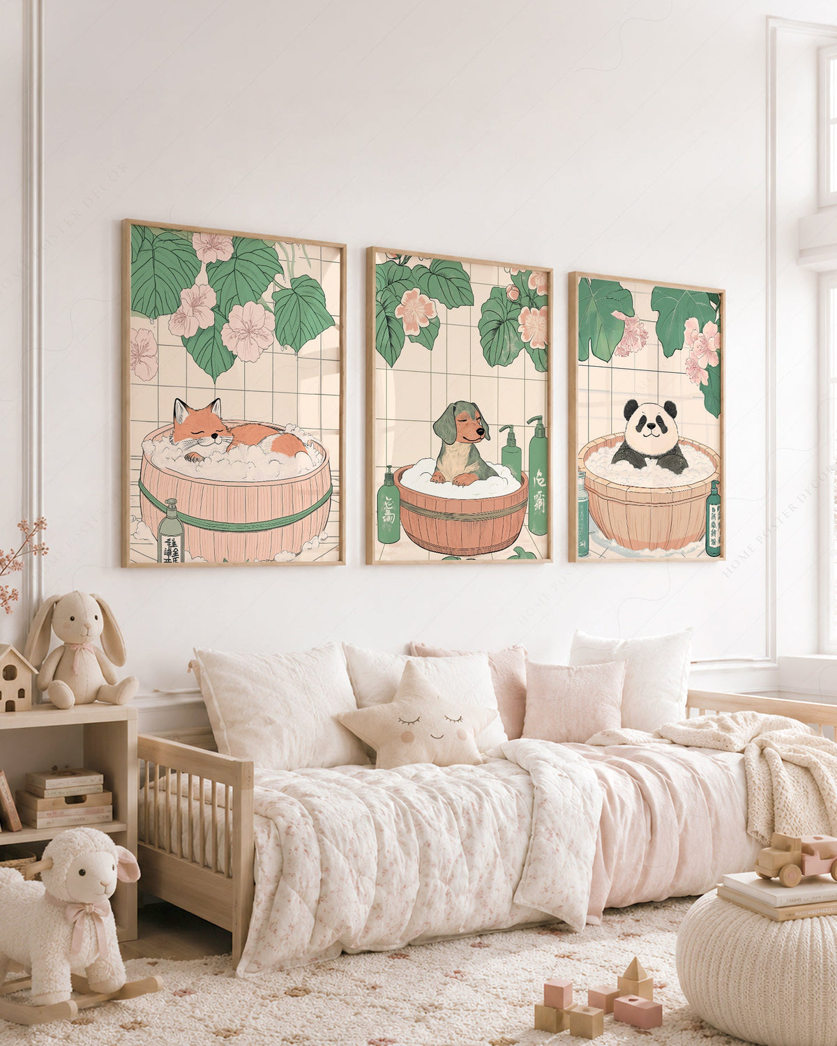 Japanese Bath Animals Art Print Set – Fox Panda Dog Nursery Wall Decor