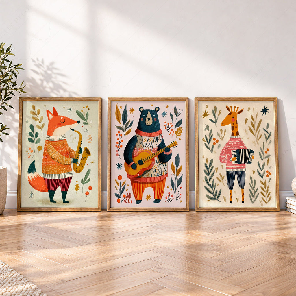 Musical Animal Nursery Print Set – Fox Bear Giraffe Kids Wall Art