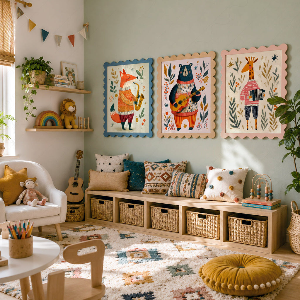 Musical Animal Nursery Print Set – Fox Bear Giraffe Kids Wall Art