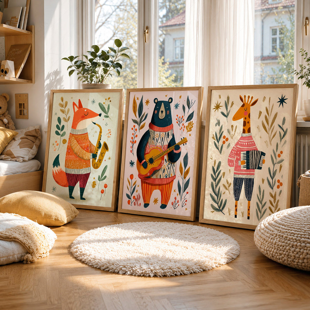 Musical Animal Nursery Print Set – Fox Bear Giraffe Kids Wall Art