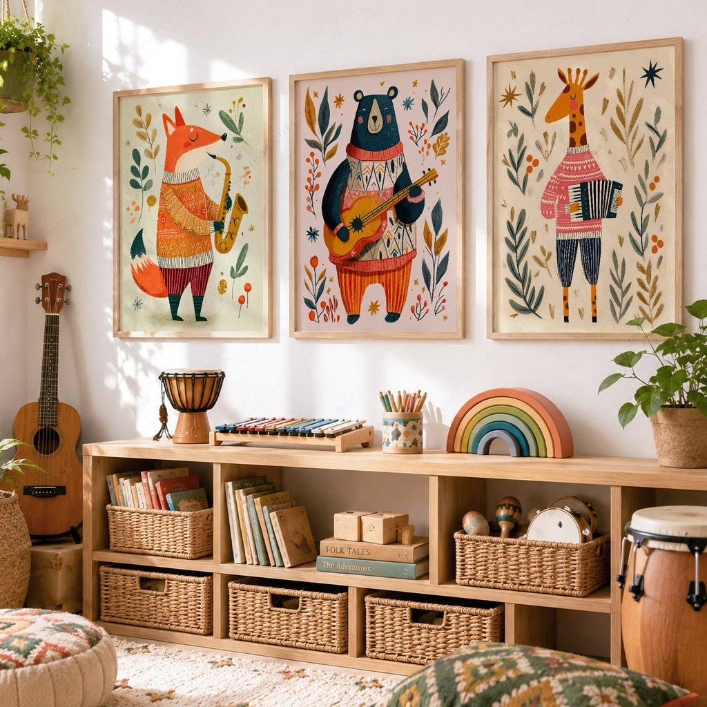 Musical Animal Nursery Print Set – Fox Bear Giraffe Kids Wall Art