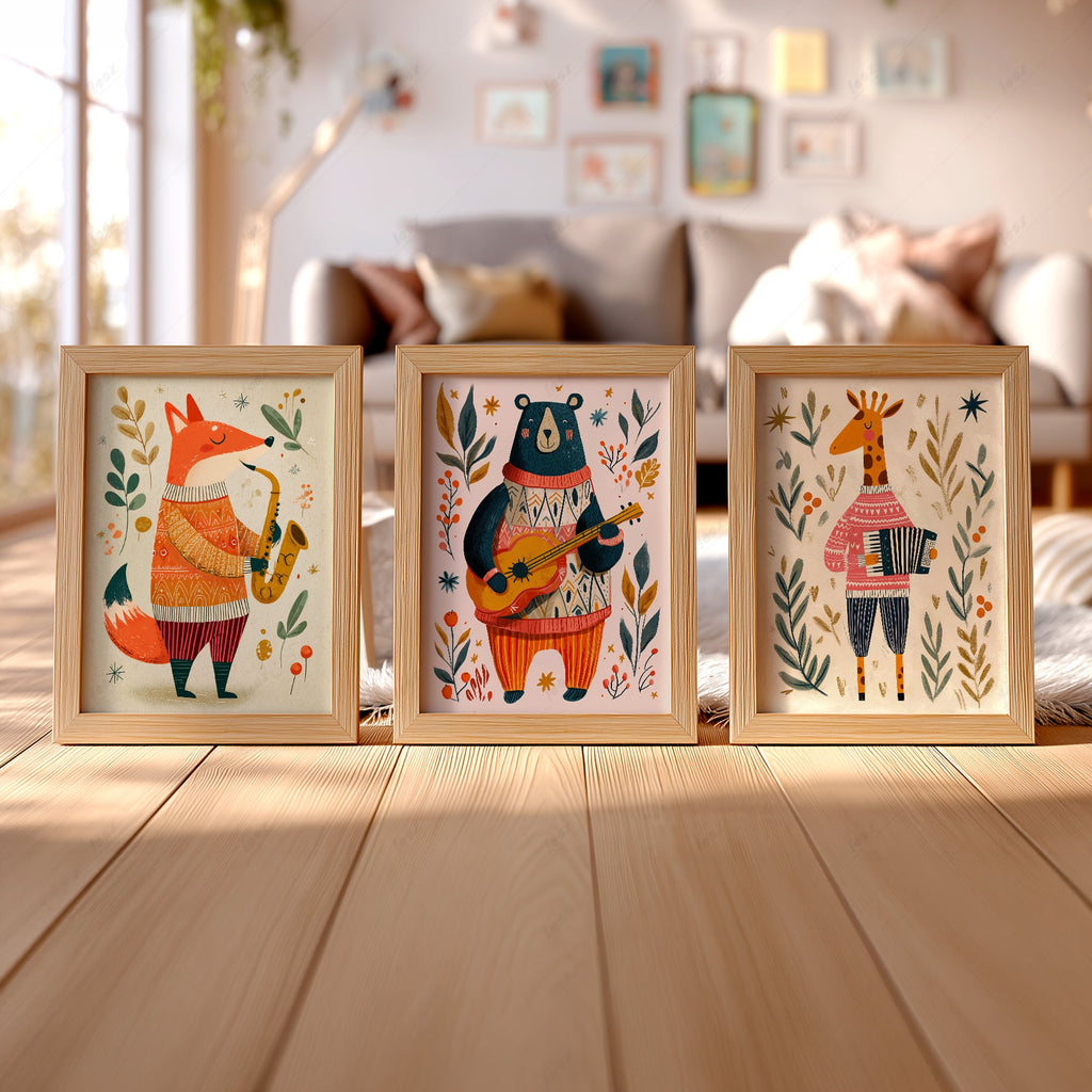 Musical Animal Nursery Print Set – Fox Bear Giraffe Kids Wall Art
