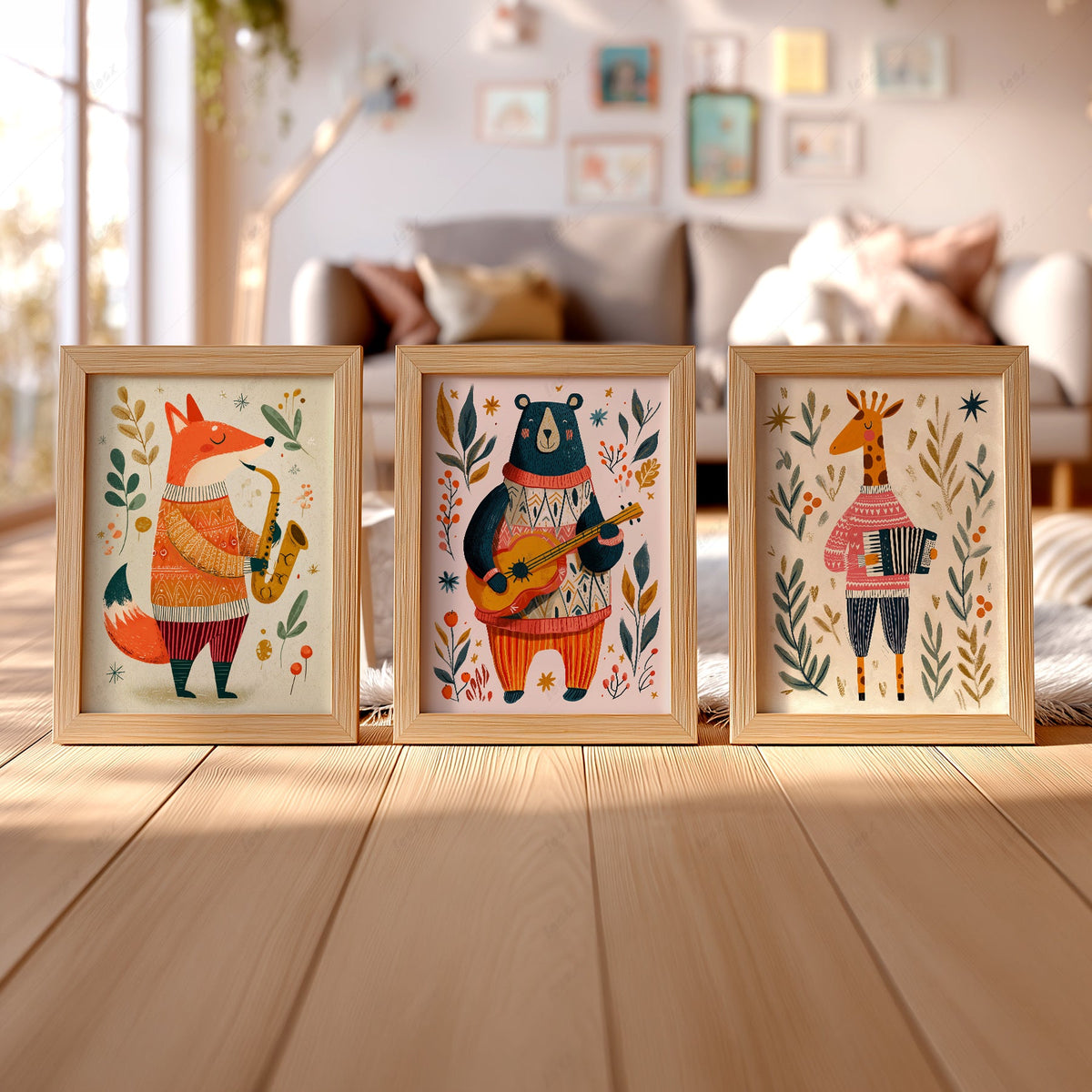 Musical Animal Nursery Print Set – Fox Bear Giraffe Kids Wall Art