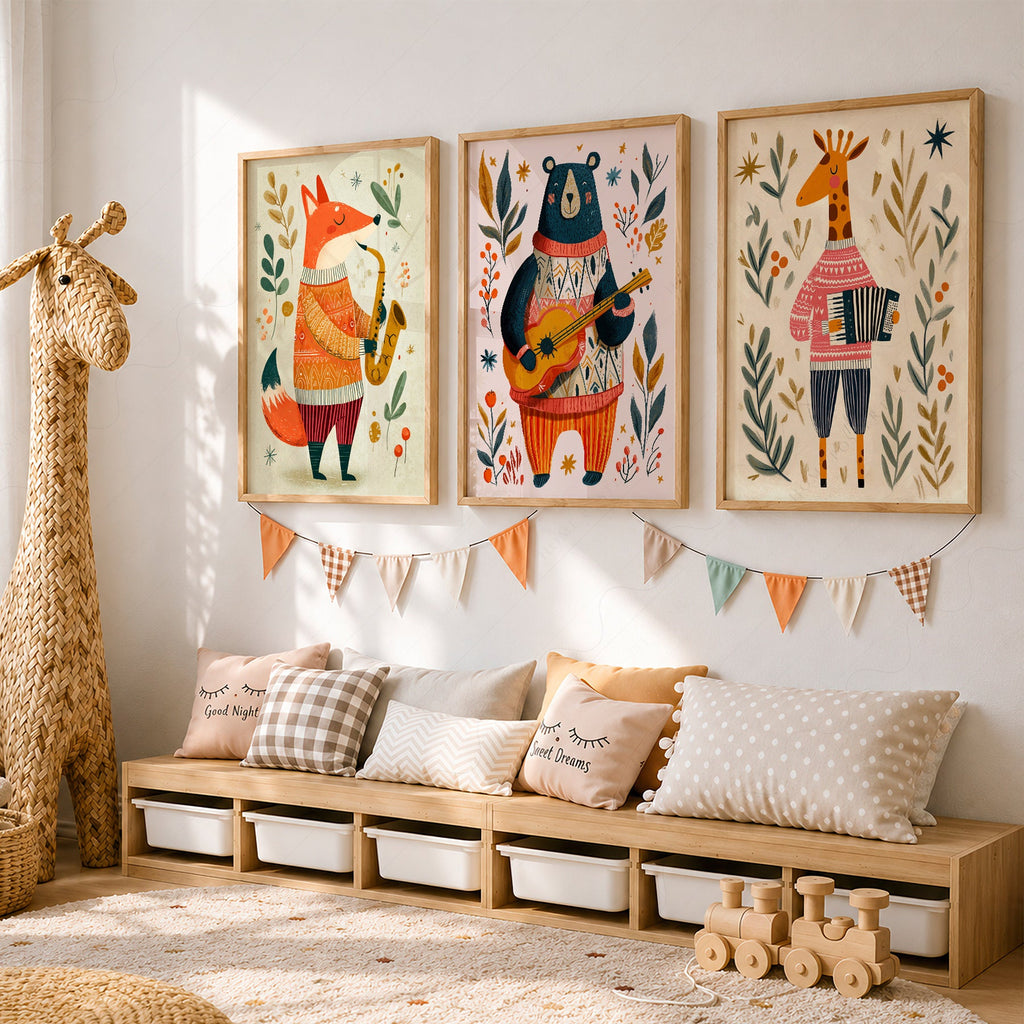 Musical Animal Nursery Print Set – Fox Bear Giraffe Kids Wall Art