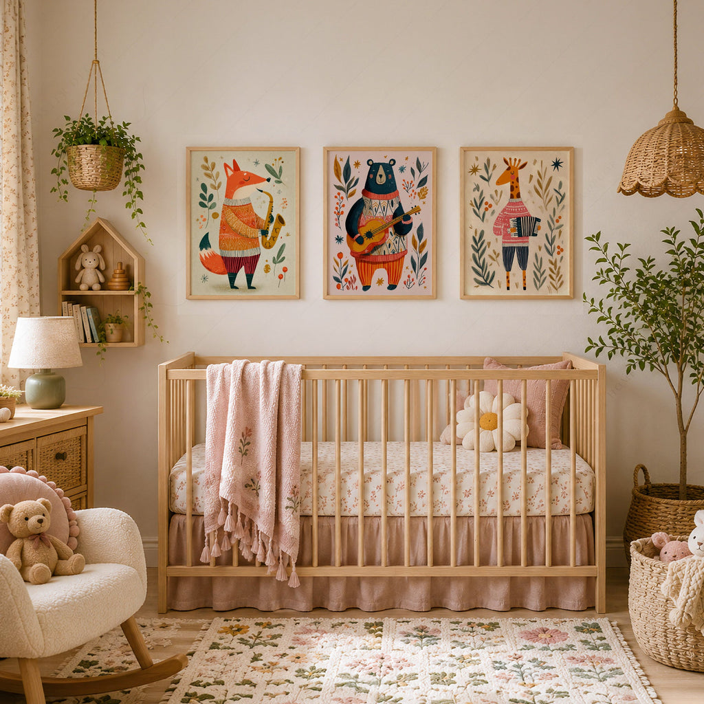 Musical Animal Nursery Print Set – Fox Bear Giraffe Kids Wall Art