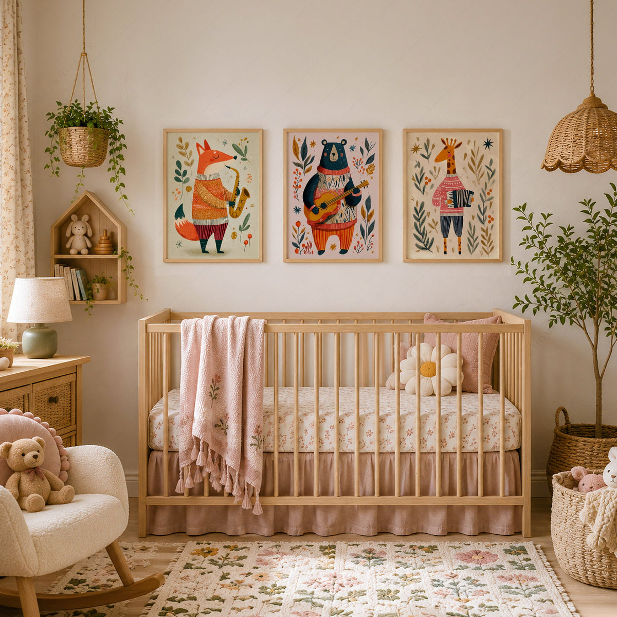 Musical Animal Nursery Print Set – Fox Bear Giraffe Kids Wall Art