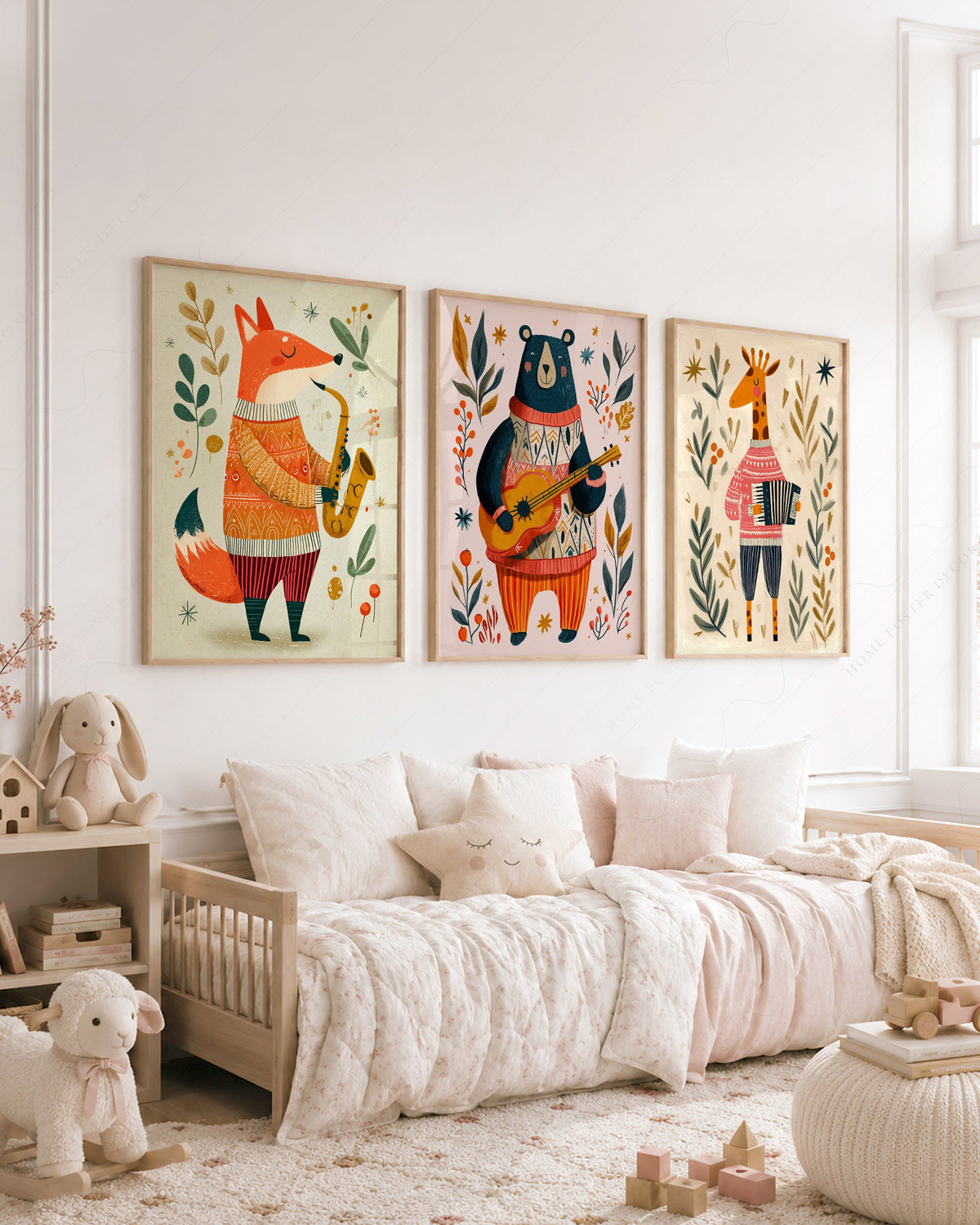 Musical Animal Nursery Print Set – Fox Bear Giraffe Kids Wall Art