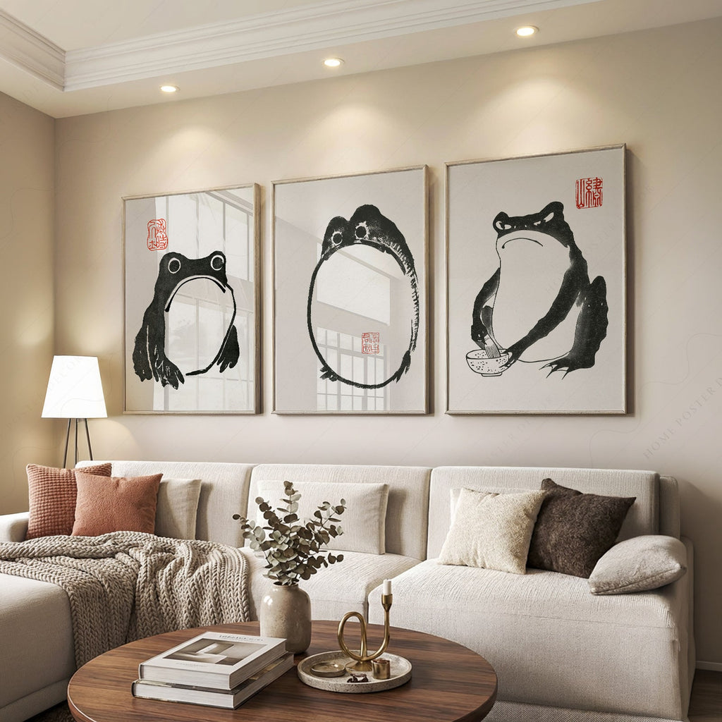 Ensemble d'illustrations Grenouille de Matsumoto Hoji – Décor mural zen à l'encre japonaise