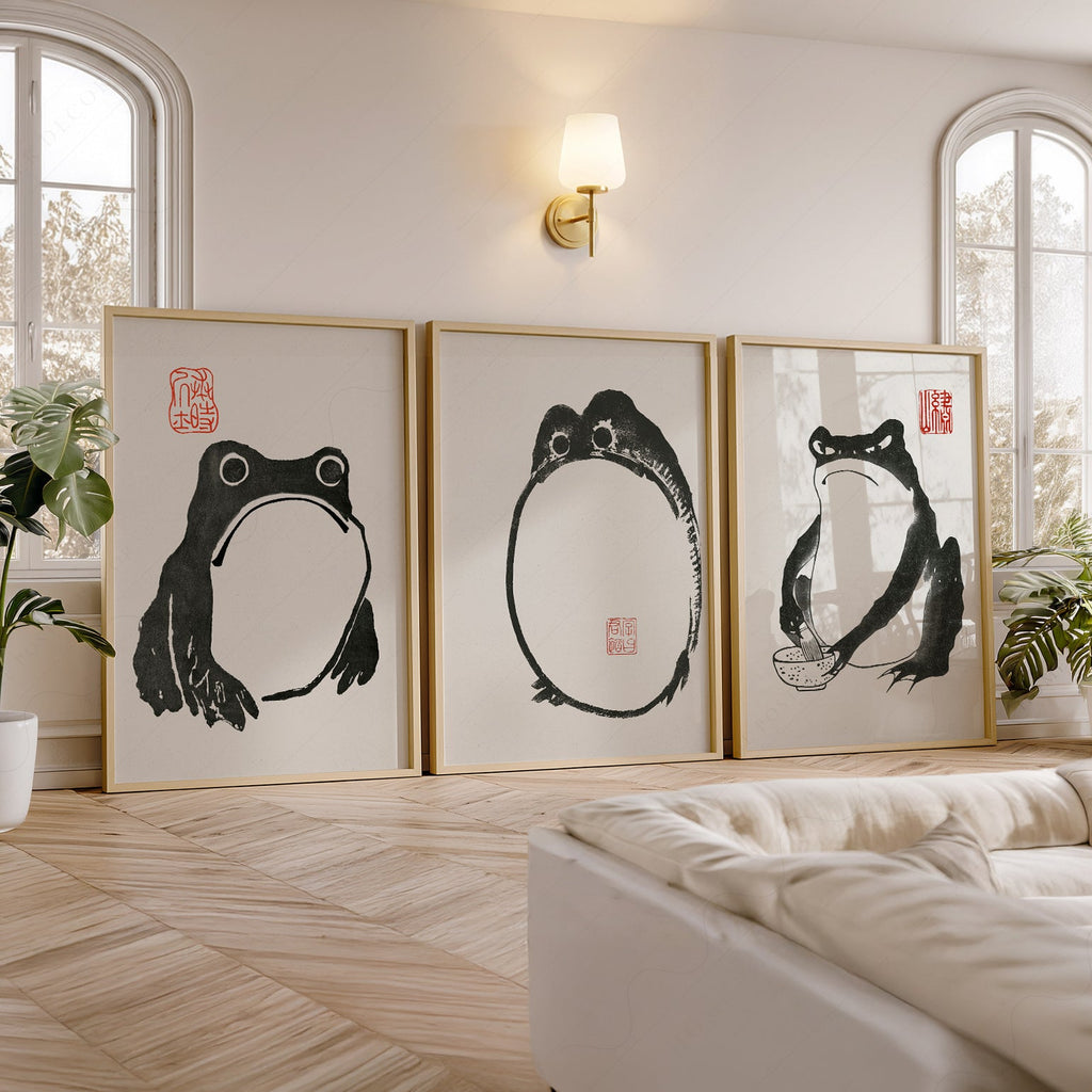 Ensemble d'illustrations Grenouille de Matsumoto Hoji – Décor mural zen à l'encre japonaise