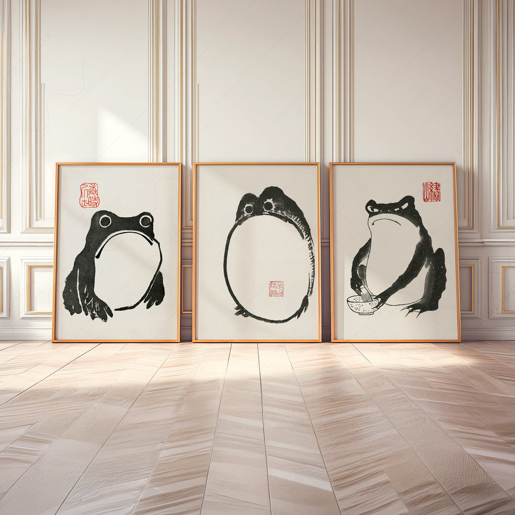 Ensemble d'illustrations Grenouille de Matsumoto Hoji – Décor mural zen à l'encre japonaise