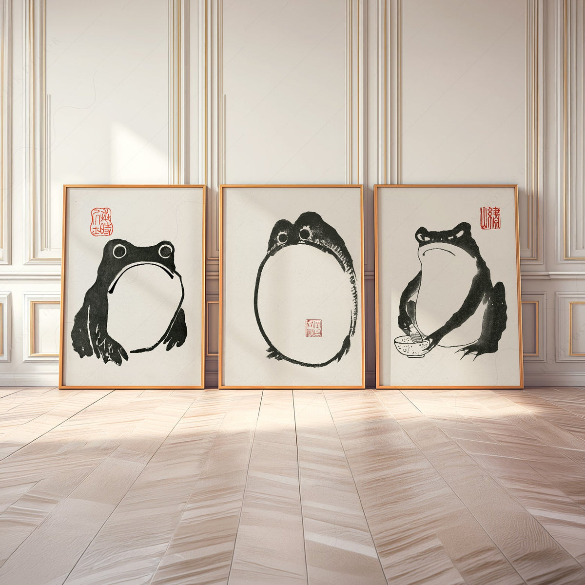 Ensemble d'illustrations Grenouille de Matsumoto Hoji – Décor mural zen à l'encre japonaise
