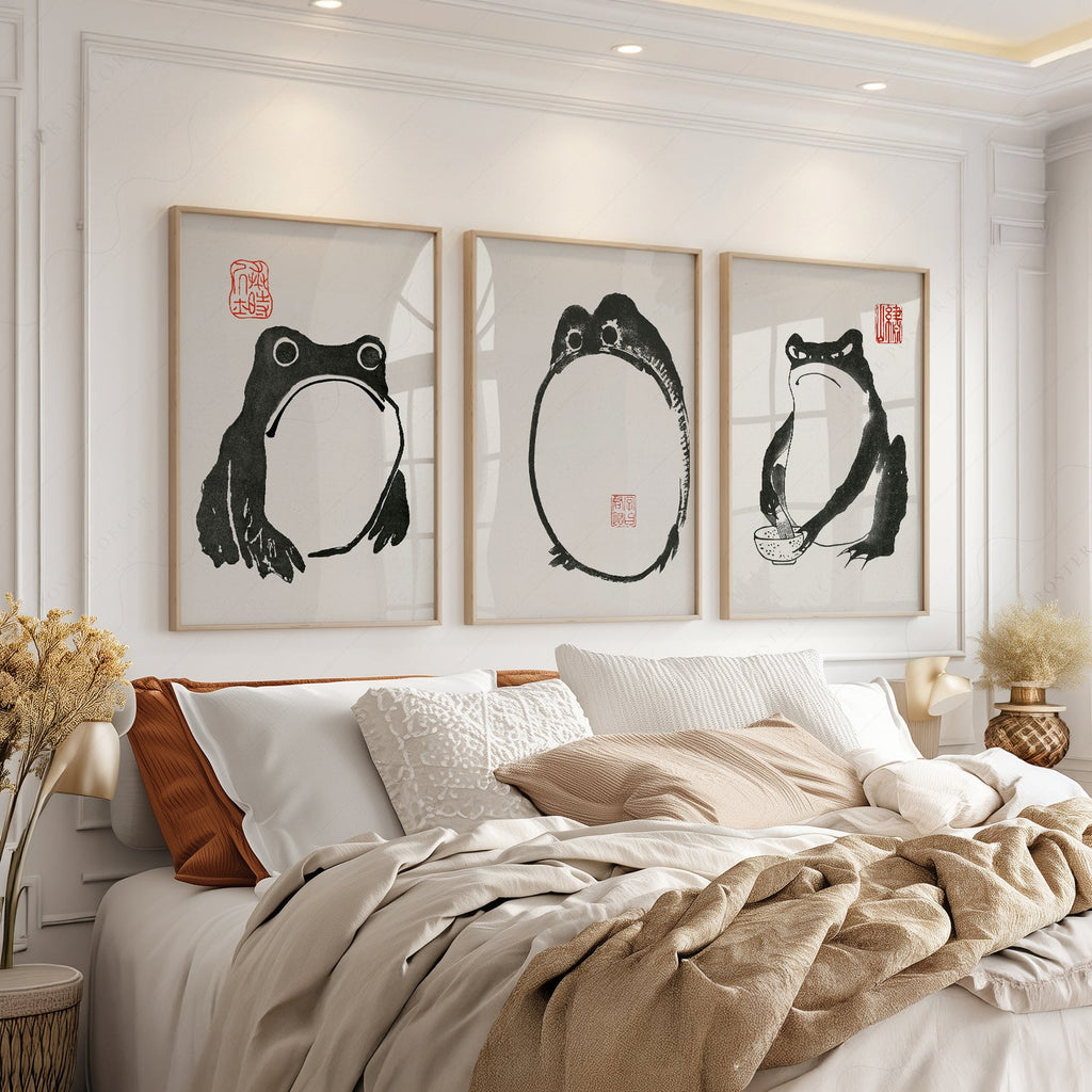 Ensemble d'illustrations Grenouille de Matsumoto Hoji – Décor mural zen à l'encre japonaise