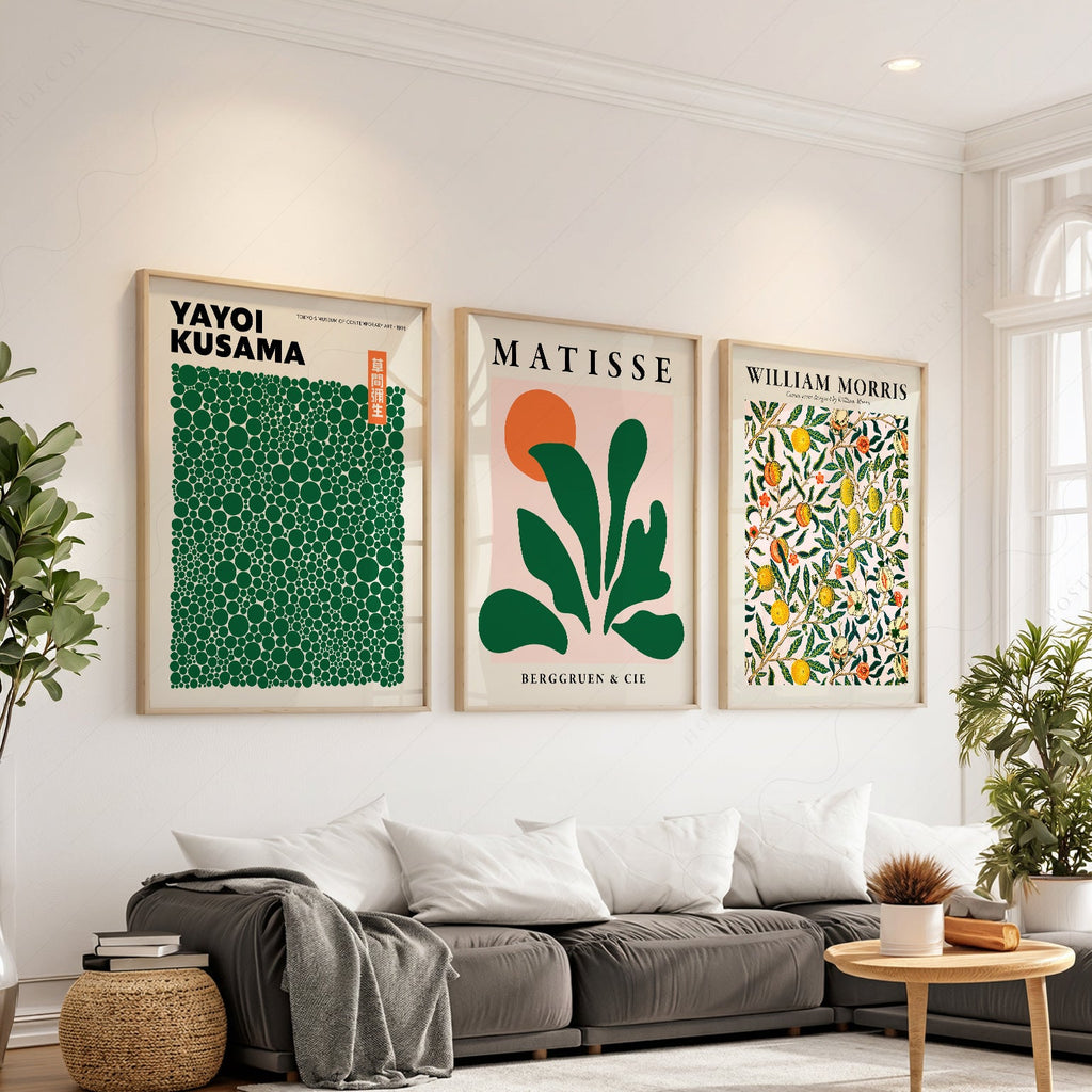 Ensemble de 3 impressions Kusama Matisse William Morris – Décor mural galerie vert