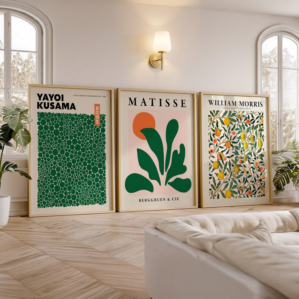 Ensemble de 3 impressions Kusama Matisse William Morris – Décor mural galerie vert