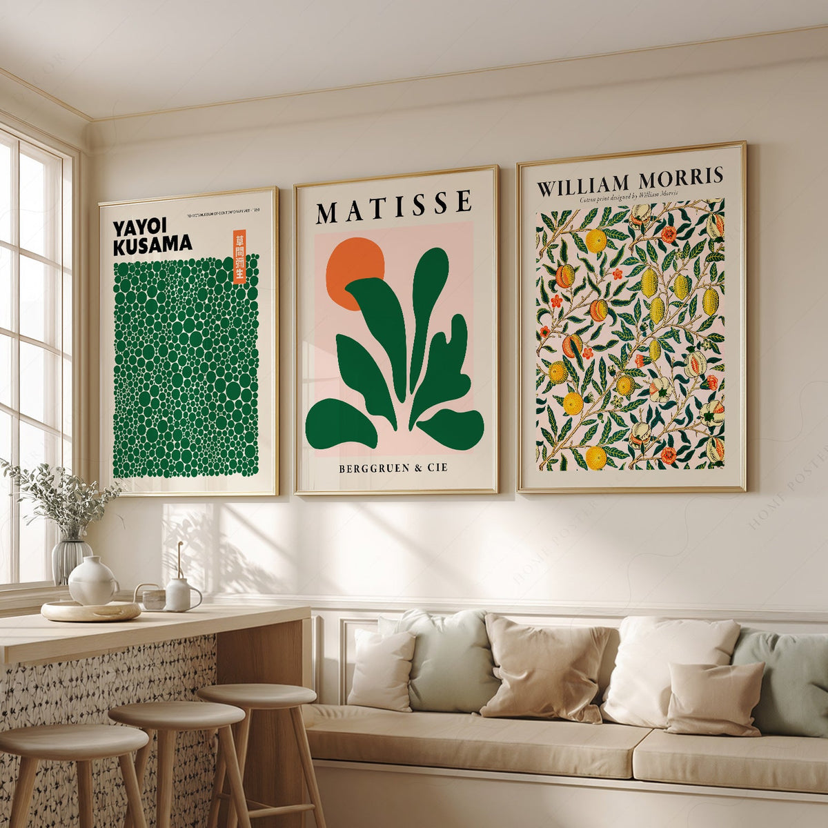 Ensemble de 3 impressions Kusama Matisse William Morris – Décor mural galerie vert