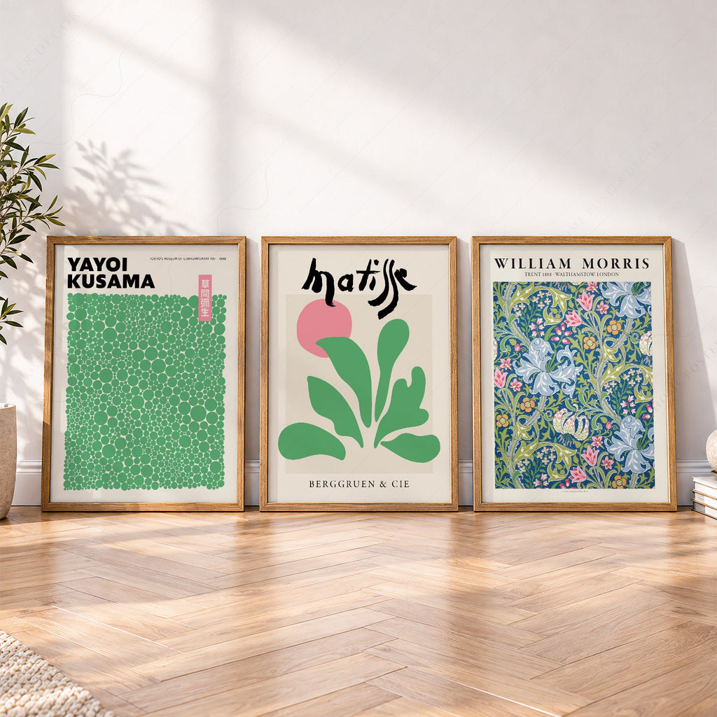 Ensemble de 3 reproductions Matisse, Kusama et William Morris – Art mural de galerie moderne