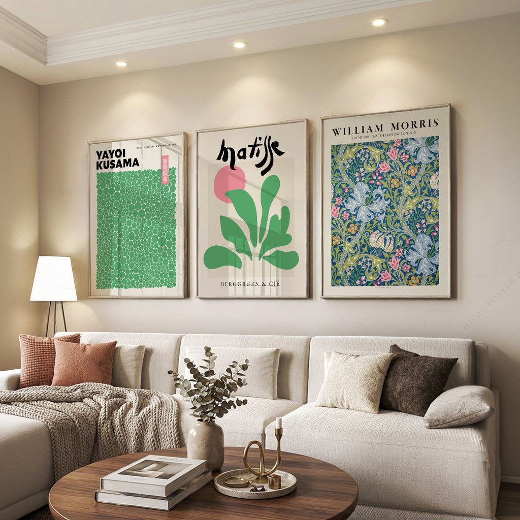 Ensemble de 3 reproductions Matisse, Kusama et William Morris – Art mural de galerie moderne