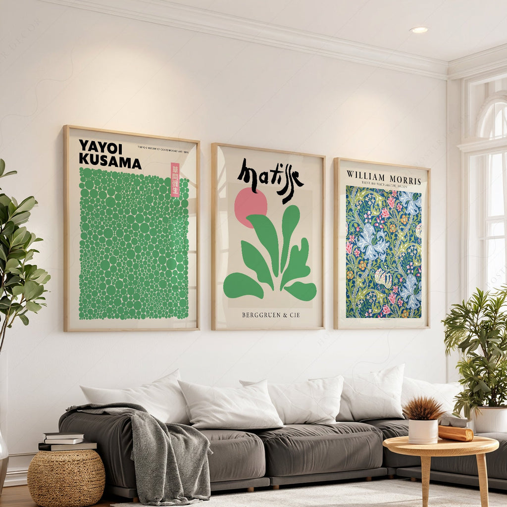 Ensemble de 3 reproductions Matisse, Kusama et William Morris – Art mural de galerie moderne