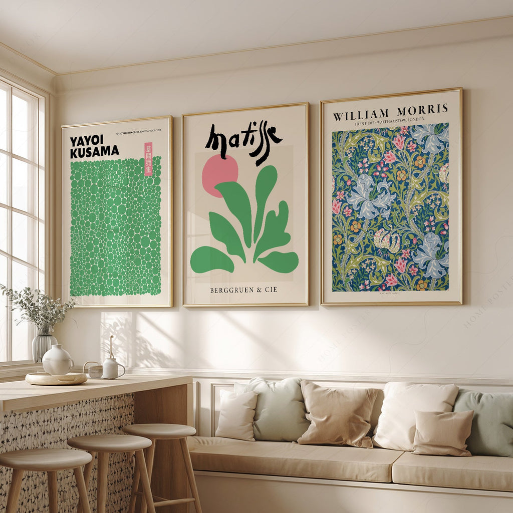 Ensemble de 3 reproductions Matisse, Kusama et William Morris – Art mural de galerie moderne