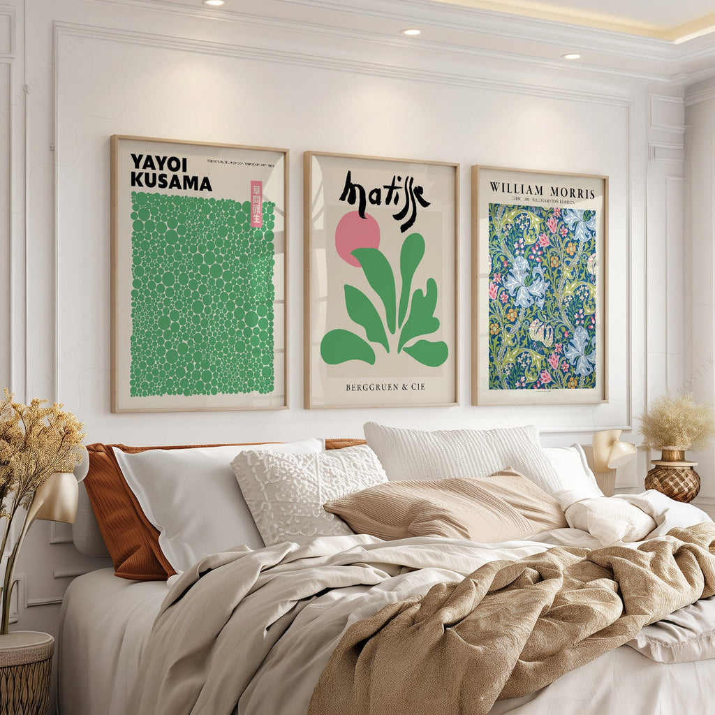 Ensemble de 3 reproductions Matisse, Kusama et William Morris – Art mural de galerie moderne