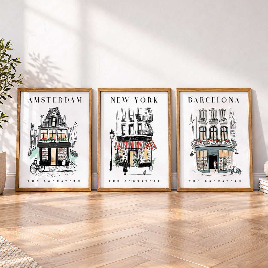 Bookstore Art Print Set – NYC Barcelona Amsterdam Travel Poster Collection