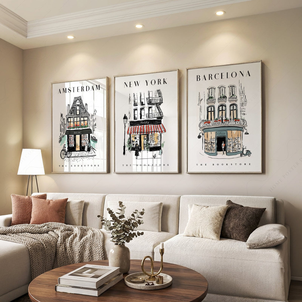 Bookstore Art Print Set – NYC Barcelona Amsterdam Travel Poster Collection