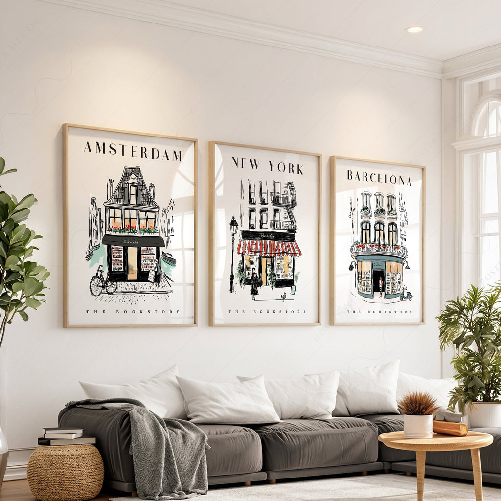 Bookstore Art Print Set – NYC Barcelona Amsterdam Travel Poster Collection