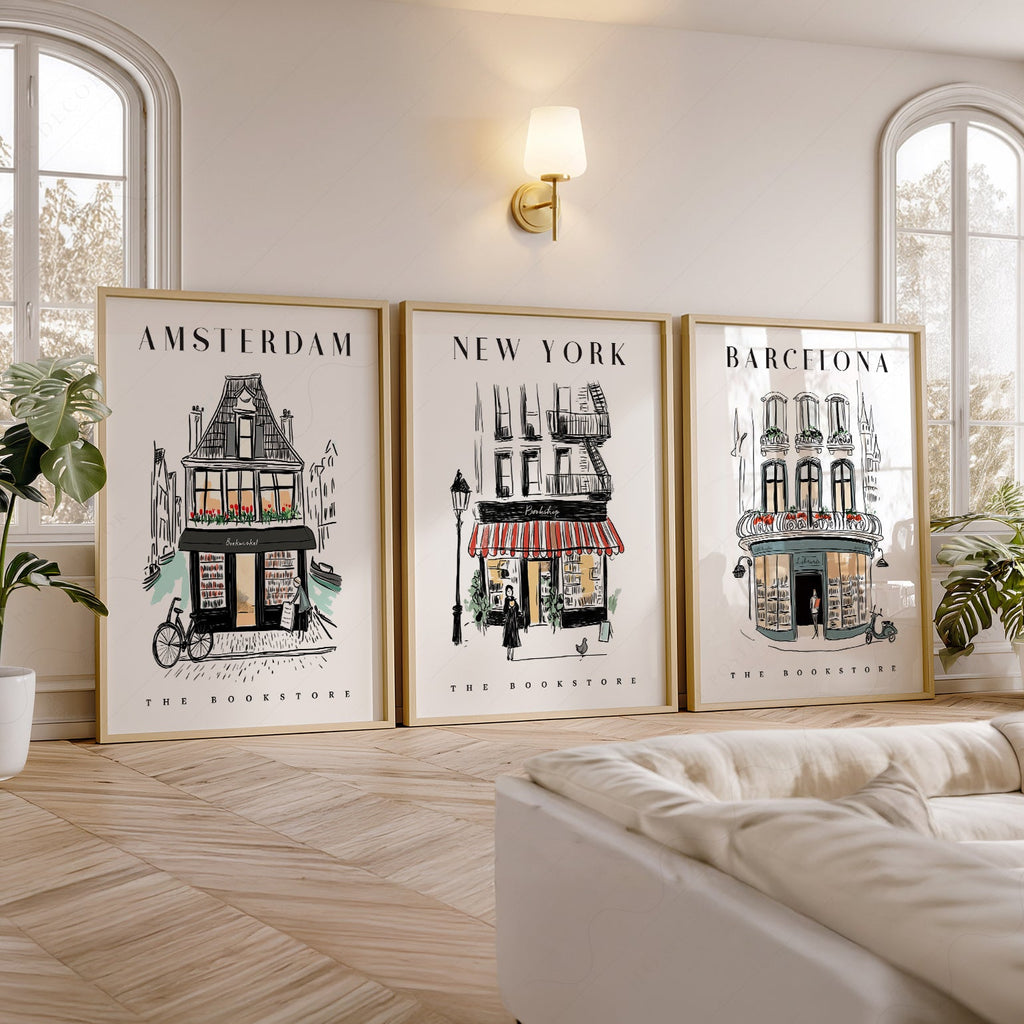 Bookstore Art Print Set – NYC Barcelona Amsterdam Travel Poster Collection
