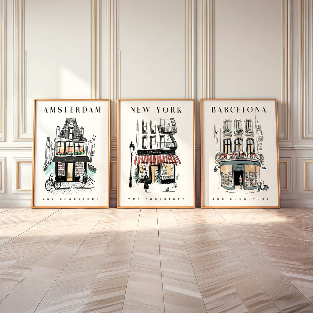 Bookstore Art Print Set – NYC Barcelona Amsterdam Travel Poster Collection