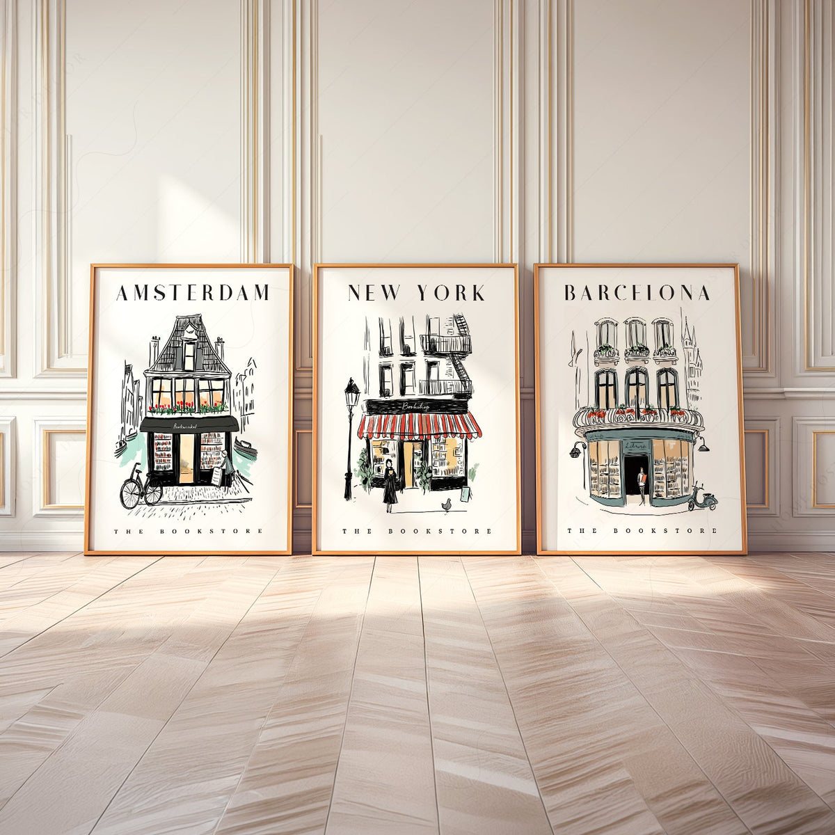 Bookstore Art Print Set – NYC Barcelona Amsterdam Travel Poster Collection