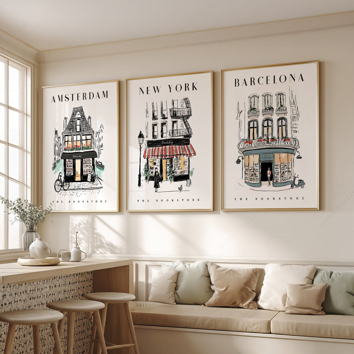 Bookstore Art Print Set – NYC Barcelona Amsterdam Travel Poster Collection