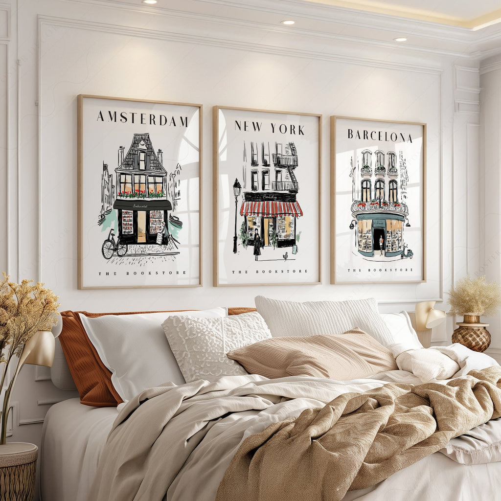 Bookstore Art Print Set – NYC Barcelona Amsterdam Travel Poster Collection