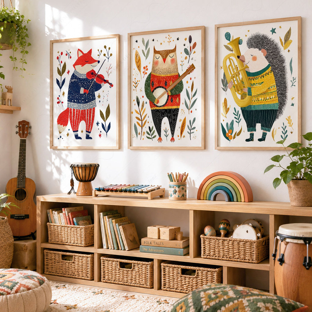 Woodland Animal Musician Print Set of 3 – Whimsical Nursery Wall Art