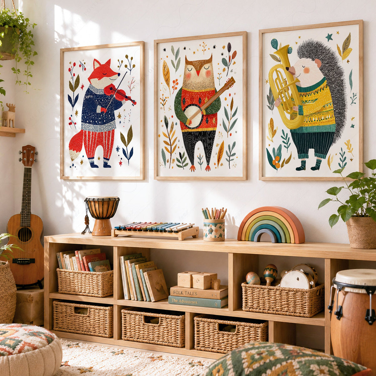 Woodland Animal Musician Print Set of 3 – Whimsical Nursery Wall Art